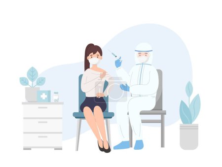 Illustration for Doctor or paramedic in a clinic or hospital giving a woman a vaccine against a virus, immunization against coronavirus, flu shot, healthcare - Royalty Free Image