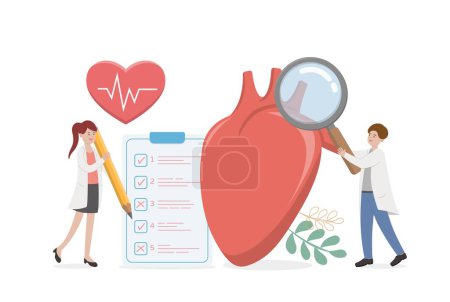 Illustration for Heart with electrocardiogram with doctor or nurse or medical staff performing health check, vector comic cartoon - Royalty Free Image