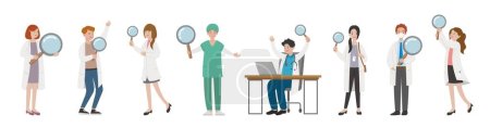 Téléchargez les illustrations : 8 paramédicaux homme ou femme médecin combinaison, travailleur médical avec loupe, dessin animé vecteur comique - en licence libre de droit