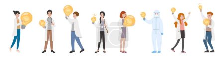 Téléchargez les illustrations : 8 paramédicaux homme ou femme médecin combinaison, travailleur médical avec ampoule, dessin animé vecteur comique - en licence libre de droit