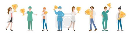 Téléchargez les illustrations : 8 paramédicaux homme ou femme médecin combinaison, travailleur médical avec trophée, dessin animé vecteur comique - en licence libre de droit