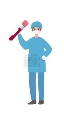 Illustration for Surgery staff medical worker with test tube of blood isolated on white background, cartoon comic vector character - Royalty Free Image