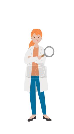 Ilustración de Trabajadora médica paramédica con lupa aislada sobre fondo blanco, personaje vectorial cómico de dibujos animados - Imagen libre de derechos
