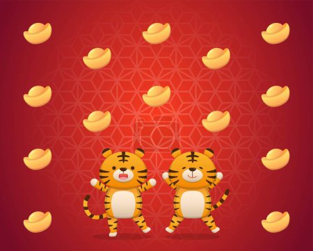Ilustración de Elementos de lingote de oro de año nuevo chino con lindo personaje de dibujos animados de tigre feliz, personaje de vectores cómicos - Imagen libre de derechos