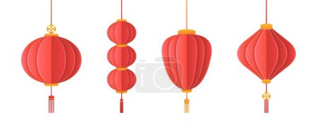 Téléchargez les illustrations : 4 différentes formes de lanternes rouges, Nouvel An chinois ou festival de lanternes, décoration pour les célébrations asiatiques, vecteur de dessin animé - en licence libre de droit