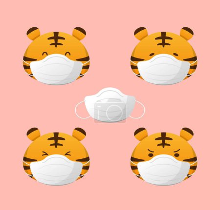 Ilustración de 4 tigres tigres personajes de dibujos animados con máscaras médicas, mascotas, máscaras faciales para prevenir enfermedades infecciosas y neumonía, vector - Imagen libre de derechos