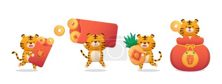 Illustration for Set of 4 cute tigers and Chinese New Year elements, red envelopes and gold coins, wealth and pineapple, text translation: spring and blessings - Royalty Free Image