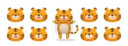 Téléchargez les illustrations : 9 personnages de tigres mignons avec émoticônes, personnages, mascottes, personnages de dessins animés, personnages comiques, ensemble vectoriel - en licence libre de droit