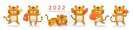 Téléchargez les illustrations : 6 personnages de tigres mignons pour le Nouvel An chinois avec émoticônes, émotions, rôles, mascottes, personnages de dessins animés, personnages comiques, ensemble vectoriel - en licence libre de droit