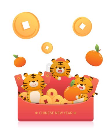 Illustration for Cartoon comic vector of 3 cute and happy tiger characters for Chinese New Year, rich with a lot of gold coins and red envelope - Royalty Free Image