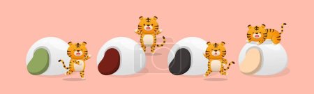 Téléchargez les illustrations : Lanterne Festival personnage de tigre heureux mignon avec des boules de riz gluant, bonbons de riz gluant, saveurs et garnitures, dessin animé vecteur comique - en licence libre de droit