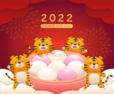 Téléchargez les illustrations : Nouvel An chinois ou festival de lanternes personnage de tigre heureux mignon avec des boules de riz gluant, bonbons de riz gluant, vecteur de bande dessinée, fond de fête rouge - en licence libre de droit