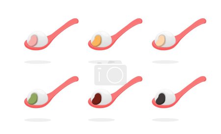 Illustration for 6 kinds of colorful glutinous rice balls and spoons, glutinous rice desserts, Chinese and Taiwanese festivals: Lantern Festival or Winter Solstice, cartoon comic vector illustration - Royalty Free Image