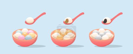 Illustration for 3 bowls of glutinous rice balls, sesame seeds, peanuts, glutinous rice desserts, Chinese and Taiwanese festivals: Lantern Festival or Winter Solstice, cartoon vector illustration - Royalty Free Image