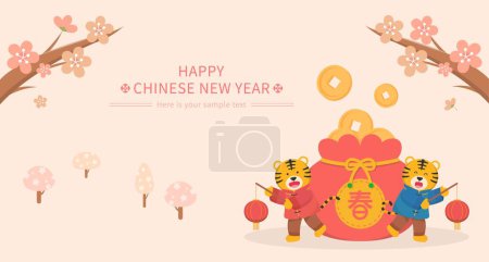 Illustration for Cute tiger character for Chinese New Year zodiac with wallet and gold coins, vector horizontal poster with plum blossom or cherry blossom - Royalty Free Image