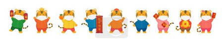 Illustration for 9 kinds of cute and cute tiger characters Asian Lunar New Year style elements and medical masks face masks - Royalty Free Image