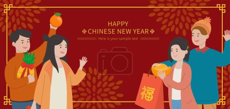 Téléchargez les illustrations : Les gens se rendent visite pour célébrer le Nouvel An lunaire asiatique, affiche vectorielle de la frontière horizontale - en licence libre de droit
