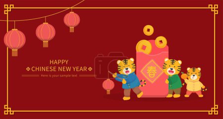 Illustration for Cute tiger character zodiac for Chinese New Year with a lot of money and red envelopes, vector horizontal poster with border - Royalty Free Image