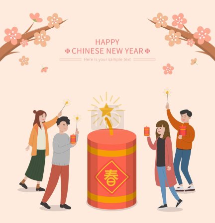 Téléchargez les illustrations : Les gens heureux de célébrer le Nouvel An chinois, personnages de bande dessinée déclenchant vecteur pétards - en licence libre de droit
