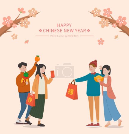 Ilustración de La gente felizmente celebrando el Año Nuevo Chino, visitando el vector de personajes de dibujos animados cómicos, traducción de texto - Imagen libre de derechos