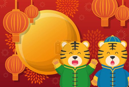 Ilustración de Cartel para Año Nuevo Chino, Año del Tigre Caricatura Caricatura Personaje Mascota Vector - Imagen libre de derechos
