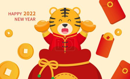 Ilustración de Año nuevo lunar chino, año de la mascota del personaje de dibujos animados tigre cómico, dinero y vector rico - Imagen libre de derechos