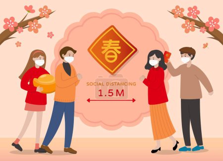 Illustration for Chinese New Year greetings with friends and family, medical masks and social distancing, cartoon comic vector, text translation: spring - Royalty Free Image
