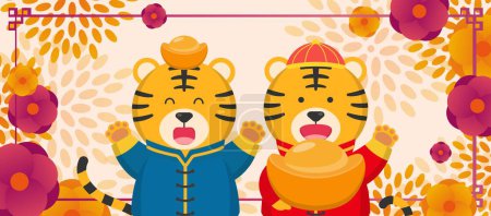 Illustration for Vector of Chinese New Year poster with gorgeous flowers and fireworks, cute tiger comic cartoon character mascot - Royalty Free Image