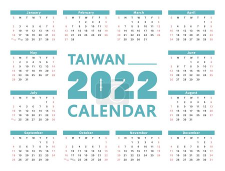 Ilustración de Taiwán 2022 calendario mensual, día de fiesta, mes, año, plantilla, vector - Imagen libre de derechos