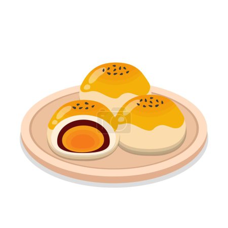 Ilustración de Mitad de pastel de luna chino, ilustración de alimentos, postre hecho de yema de huevo, postre del festival de mediados de otoño, ilustración de vectores icono de dibujos animados aislados - Imagen libre de derechos