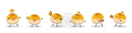 Téléchargez les illustrations : 6 sortes de Chinois Oriental Mid-Autumn Festival lune gâteau personnages de dessins animés isolés en arrière-plan, mignon dessin animé vectoriel illustration, combinaison de mascotte - en licence libre de droit