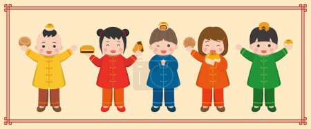 Ilustración de 5 niños chinos con afiches del Festival de Medio Otoño, personajes de dibujos animados de pastel de luna del Festival de Medio Otoño Oriental, dibujos animados de ilustración de vectores lindos, combinación de mascotas - Imagen libre de derechos