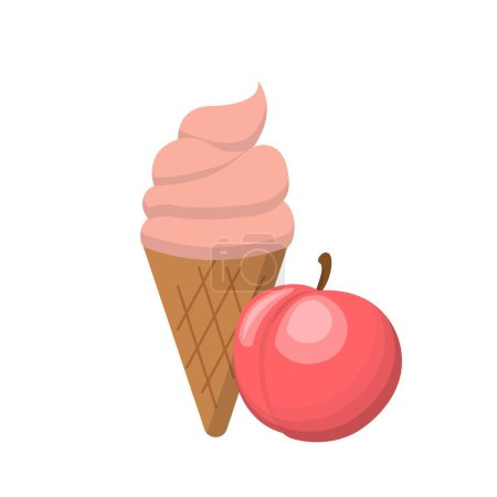 Téléchargez les illustrations : Dessin animé vecteur comique de crème glacée aux pêches avec cône - en licence libre de droit
