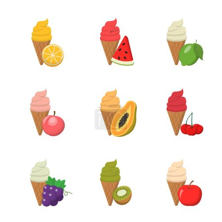 Téléchargez les illustrations : Caricature vecteur comique ensemble de 9 types de crème glacée aux fruits et cônes - en licence libre de droit