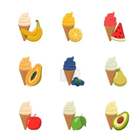 Téléchargez les illustrations : Caricature vecteur comique ensemble de 9 types de crème glacée aux fruits et cônes - en licence libre de droit