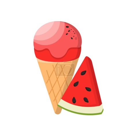 Téléchargez les illustrations : Bande dessinée vecteur de crème glacée pastèque avec cône - en licence libre de droit