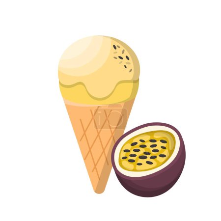 Téléchargez les illustrations : Dessin animé vecteur comique de crème glacée aux fruits de la passion avec cône - en licence libre de droit