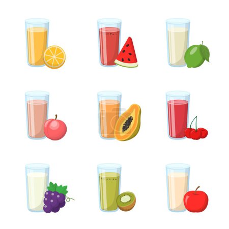 Illustration for Cartoon comic vector set of 9 fruit juices and glasses - Royalty Free Image