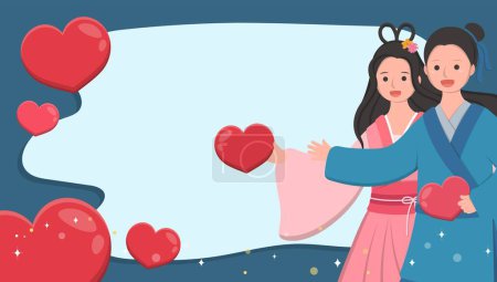 Téléchargez les illustrations : Saint Valentin en Asie, en Orient et en Chine : Tanabata, les personnages légendaires de Vacher et la Tisseuse, personnages vectoriels de bande dessinée - en licence libre de droit