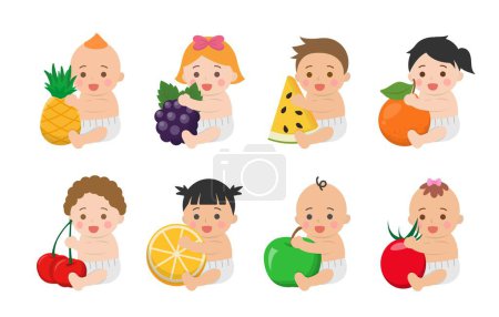 Ilustración de Lindos bebés con verduras y frutas saludables, cómics personajes de dibujos animados vector conjunto - Imagen libre de derechos