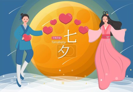Illustration for Valentine's Day in Asia, East and China: Tanabata, the legend of the Cowherd and the Weaver Girl, cartoon comic vector characters, subtitle translation: Tanabata, July 7 - Royalty Free Image