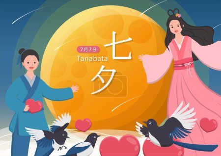 Ilustración de Día de San Valentín en Asia, Oriente y China: Tanabata, la leyenda del Vaquero y la Chica Tejedora, personajes vectoriales cómicos de dibujos animados, traducción de subtítulos: Tanabata, 7 de julio - Imagen libre de derechos