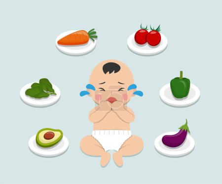 Illustration for Baby refuses to eat fruits and vegetables, kid refuses to eat healthy food, comic cartoon vector character - Royalty Free Image