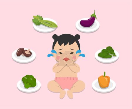 Illustration for Baby refuses to eat fruits and vegetables, kid refuses to eat healthy food, comic cartoon vector character - Royalty Free Image