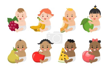 Téléchargez les illustrations : Bébés mignons avec des légumes et des fruits sains, personnages vectoriels de bande dessinée ensemble - en licence libre de droit