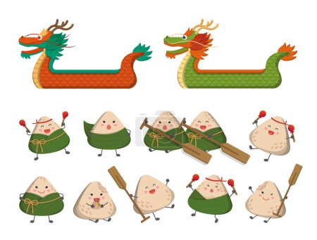 Illustration for Cartoon Vector Set of Comic Cartoon Characters Mascots and Dragon Boats for Dragon Boat Festival Zongzi - Royalty Free Image
