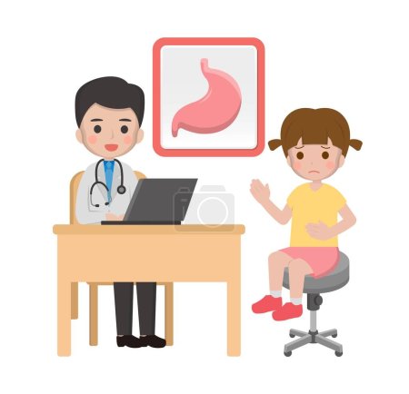 Ilustración de Niña con médico, cómic de dibujos animados vector de la enfermedad gastrointestinal - Imagen libre de derechos