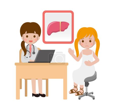 Ilustración de Chica con médico, vector cómico de dibujos animados de la enfermedad hepática - Imagen libre de derechos