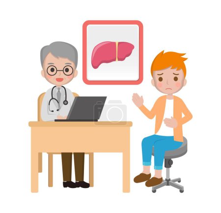 Illustration for Man with doctor, cartoon comic vector of liver disease - Royalty Free Image
