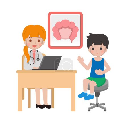 Ilustración de Niño pequeño con médico, cómic de dibujos animados vector de la enfermedad gastrointestinal - Imagen libre de derechos